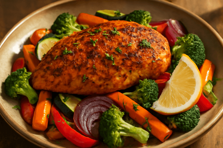 Kryddig kycklingfilé med rostade grönsaker