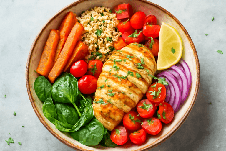 Färgglad kycklingsallad med quinoa och rostade grönsaker