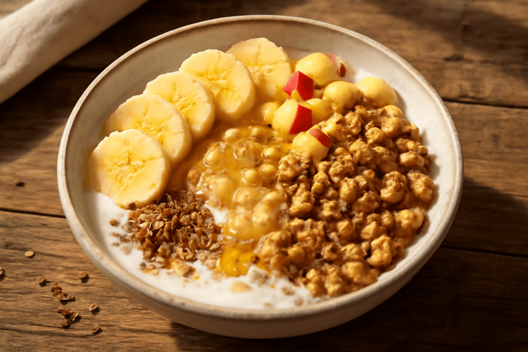Power-Frühstücks-Bowl mit Haferflocken, Joghurt und Nüssen