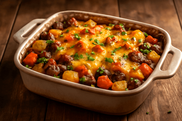 Herzhafter Rindfleisch-Kartoffel-Auflauf mit Gemüse