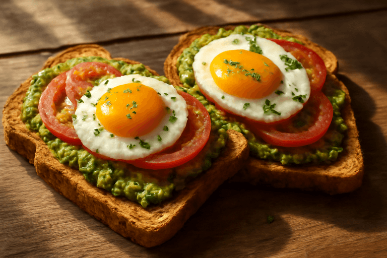 Tostadas clásicas de aguacate y huevo con tomate fresco