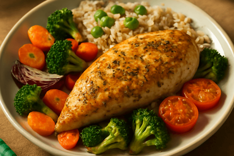 Saftig ovnsbakt kyllingfilet med grønnsaker og fullkornsris