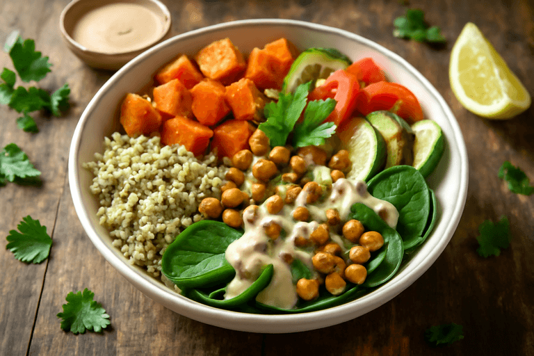 Bunte Quinoa-Bowl mit geröstetem Gemüse & Kichererbsen