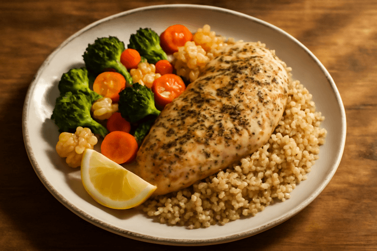 Запечённая куриная грудка с овощами и киноа