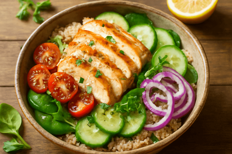 Färgstark kycklingsallad med quinoa & citronvinägrett