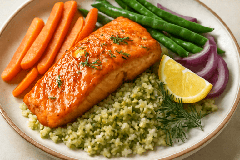 Laxfilé med örtig quinoa och grönsaksröra