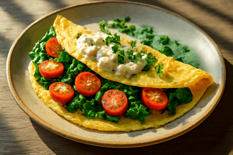 Proteinrik frokostomelett med spinat og cherrytomater