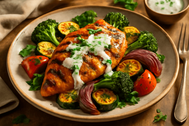 Grillet kylling med ovnsbakte grønnsaker og frisk urtedressing