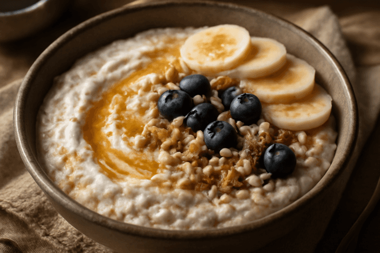 Energie-Frühstücks-Bowl mit Haferflocken, Nüssen und Beeren