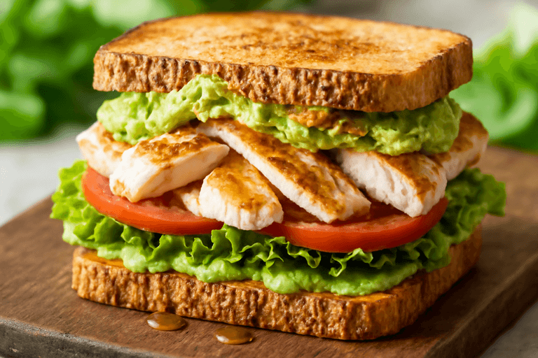 Proteinreiches Hähnchen-Sandwich mit Avocado und Vollkornbrot