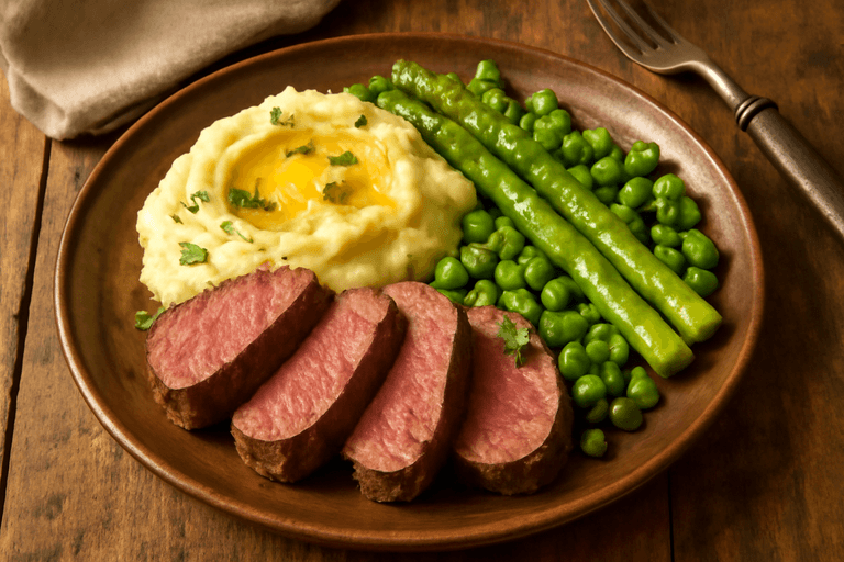 Klassisches bayerisches Rinderfilet mit Kartoffelstampf und grünem Gemüse