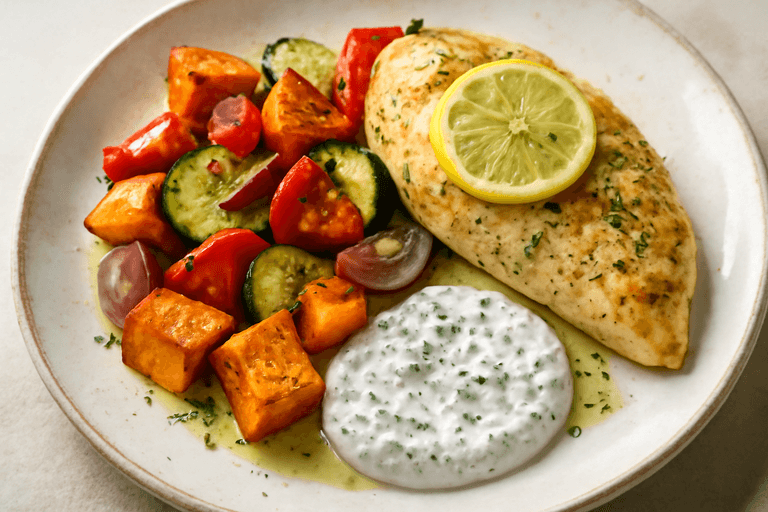 Ugnsbakad kycklingfilé med rostade grönsaker och örtsås