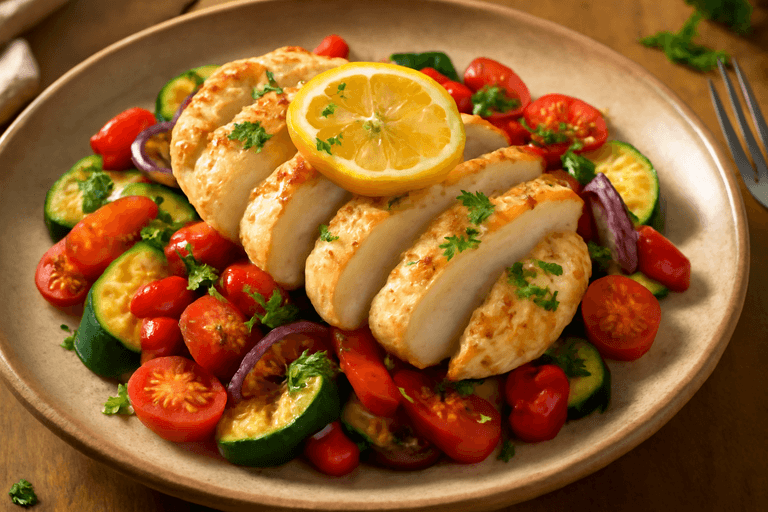 Leichtes Zitronen-Hähnchen mit mediterranem Gemüse