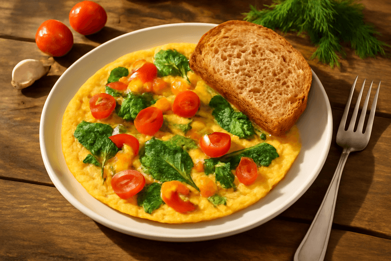 Омлет с овощами и цельнозерновым хлебом