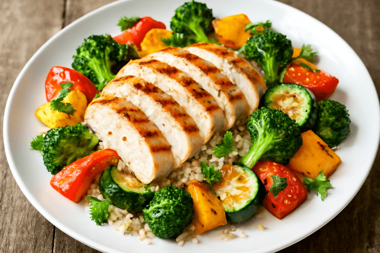 Куриное филе с овощами на гриле и киноа