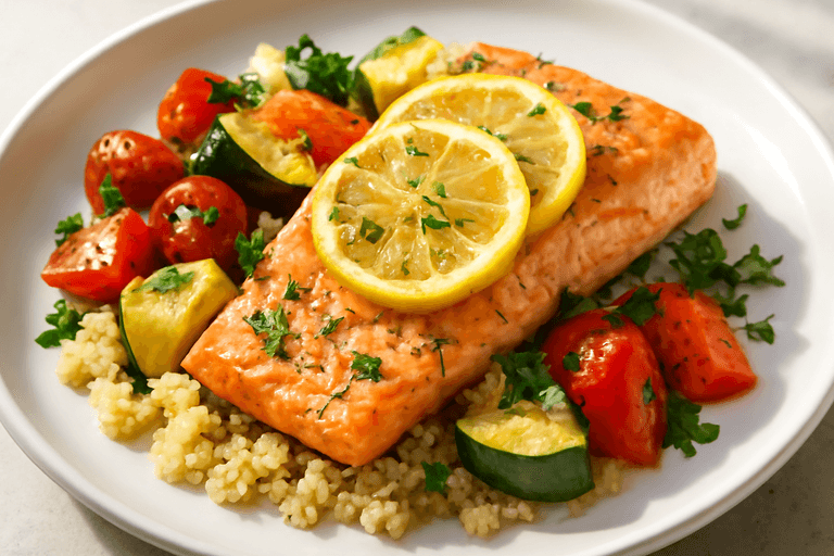 Запеченный лосось с киноа и овощами в средиземноморском стиле