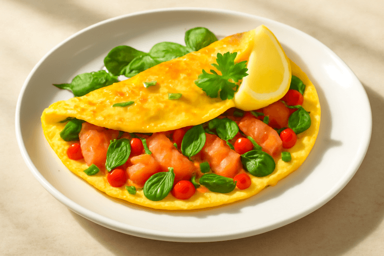 Питательный лососевый омлет с овощами и шпинатом