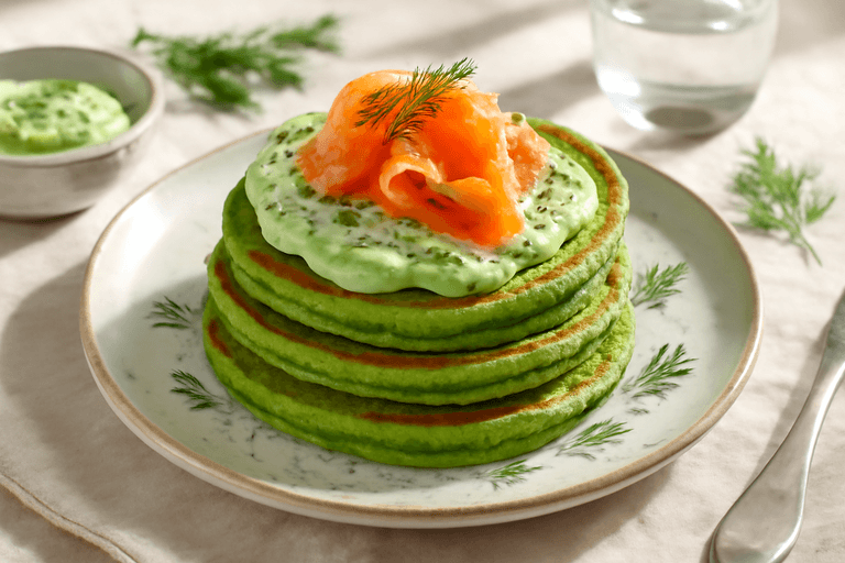 Grön Omega-Pannkaka med Rökt Lax & Avokadokräm