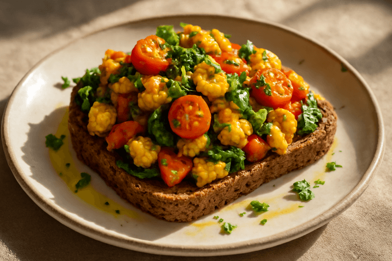 Mic dejun vegan cu tofu sărat și legume la tigaie