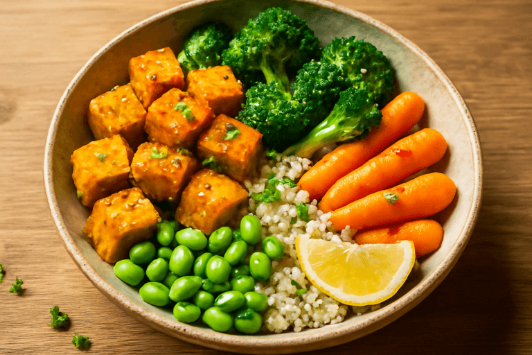 Bol vegan cu tofu crocant și legume la abur