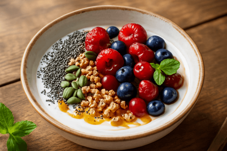 Bol Énergie Petit-Déjeuner Végétarien aux Fruits Rouges et Graines