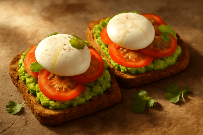 Tostadas integrales con aguacate, huevo pochado y tomate fresco