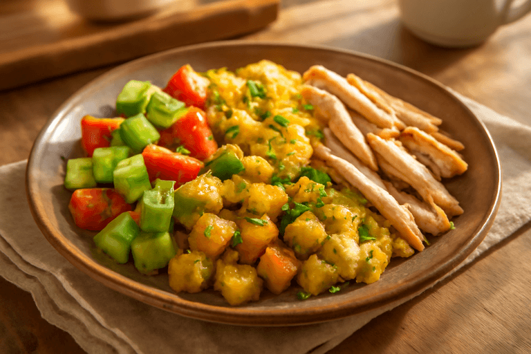 Kraftvolles Bauernfrühstück mit Avocado & Putenbrust