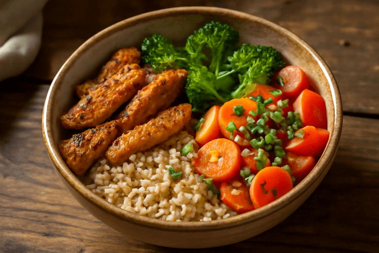 Herzhafte Hähnchen-Bowl mit Vollkornreis und buntem Gemüse