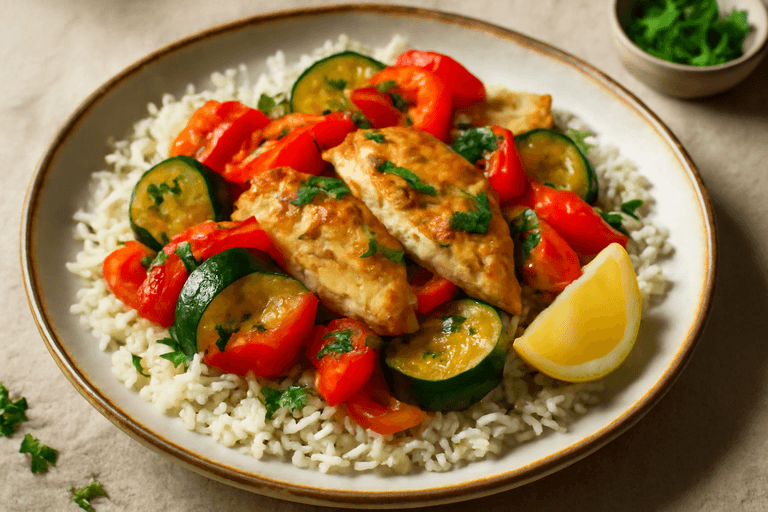 Κοτόπουλο σοτέ με μεσογειακά λαχανικά & ρύζι μπασμάτι