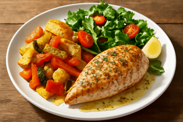 Κοτόπουλο ψητό με λαχανικά και δροσερή σαλάτα