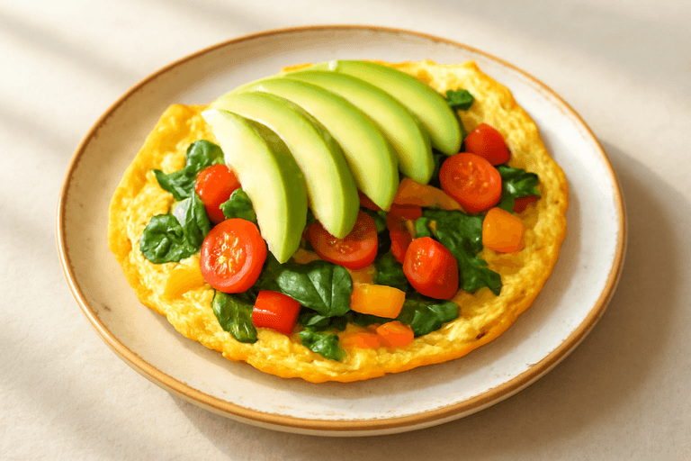 Proteinrike grønnsaksomelett med avokado