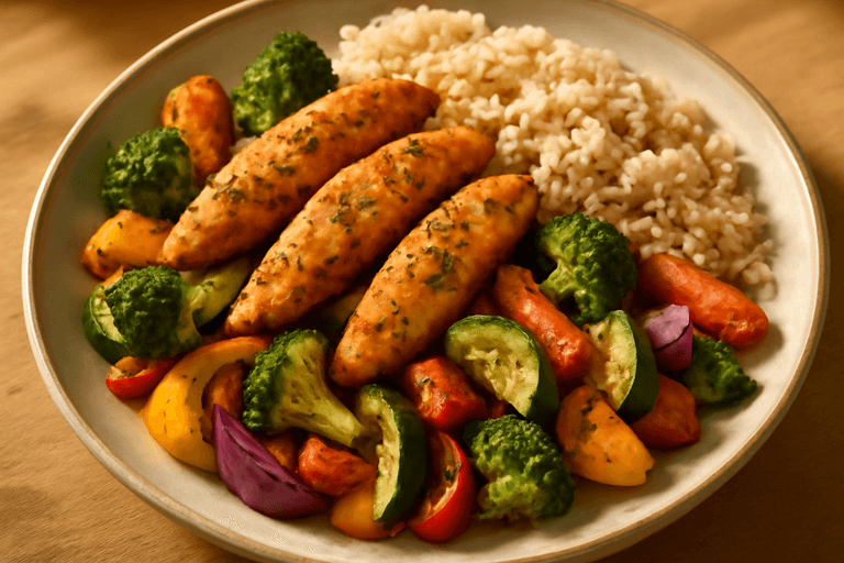 Saftig ovnsbakt kylling med grønnsaker og fullkornsris