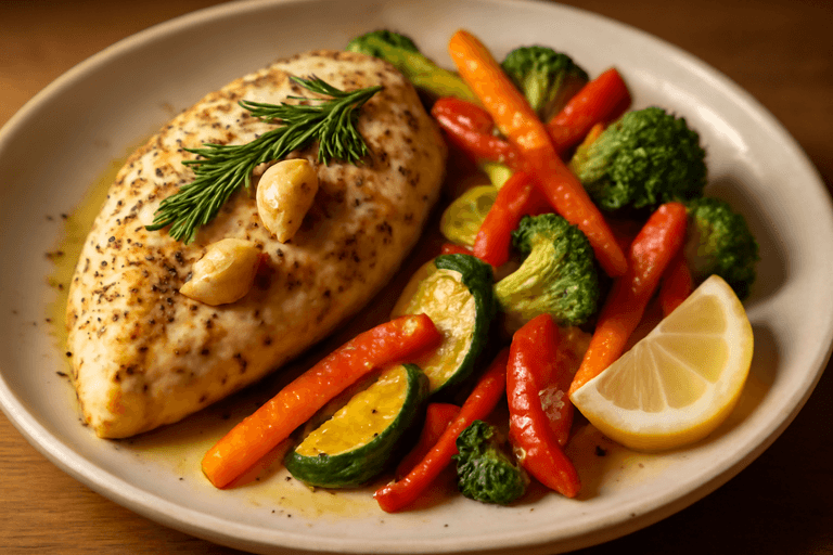 Poulet rôti aux herbes et légumes colorés