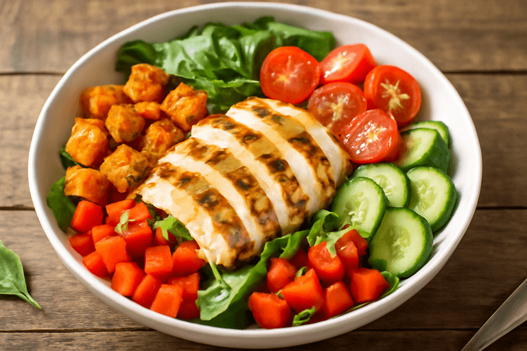 Proteinrik kycklingsallad med rostade grönsaker