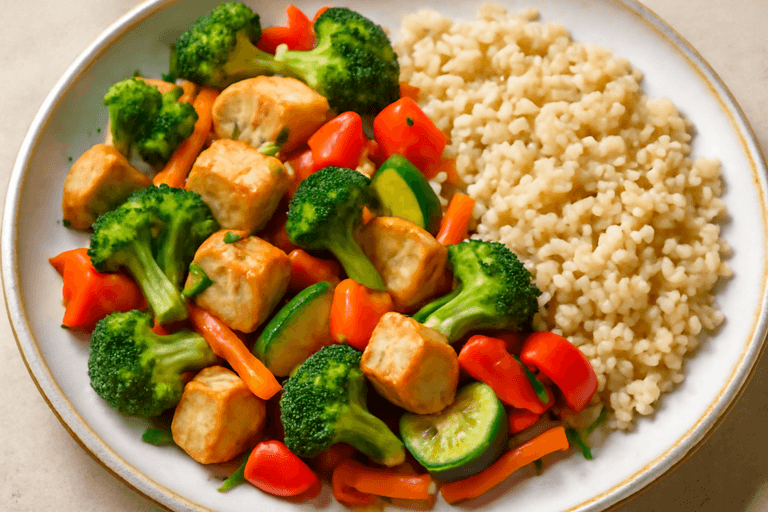 Hähnchen-Gemüsepfanne mit Vollkornreis