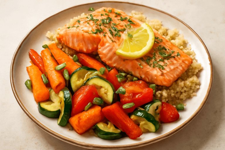 Ugnsbakad Lax med Quinoa och Rostade Grönsaker
