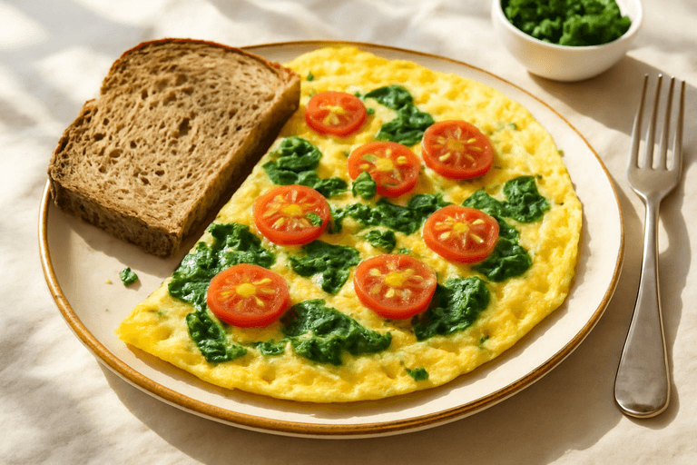 Omletă energizantă cu spanac și roșii