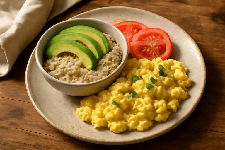 Herzhaftes Power-Frühstück mit Rührei, Hafer und Avocado