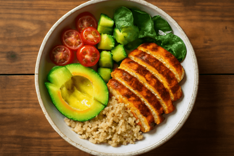 Herzhafte Hähnchen-Quinoa-Bowl mit Avocado und Gemüse