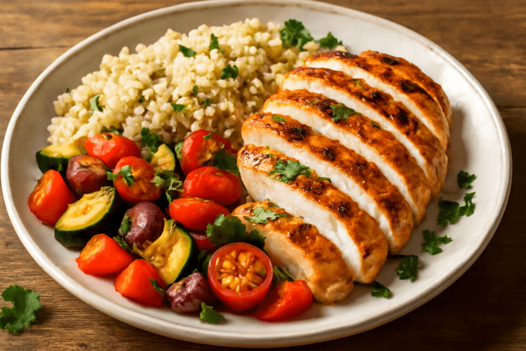 Grillad kycklingfilé med quinoa och färgstarka grönsaker