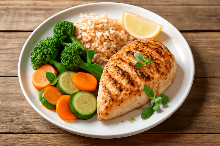 Κοτόπουλο Σχάρας με Βραστά Λαχανικά και Καφέ Ρύζι