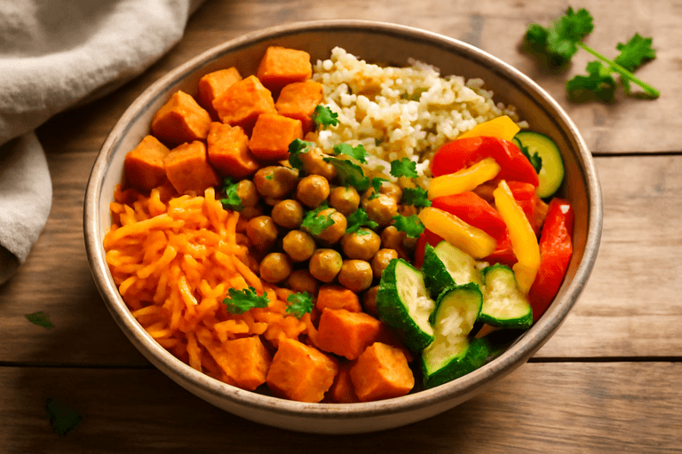 Bunte Quinoa-Bowl mit geröstetem Gemüse und Kichererbsen