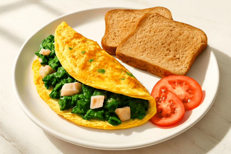 Omelette ligero de espinacas y pavo con pan integral tostado