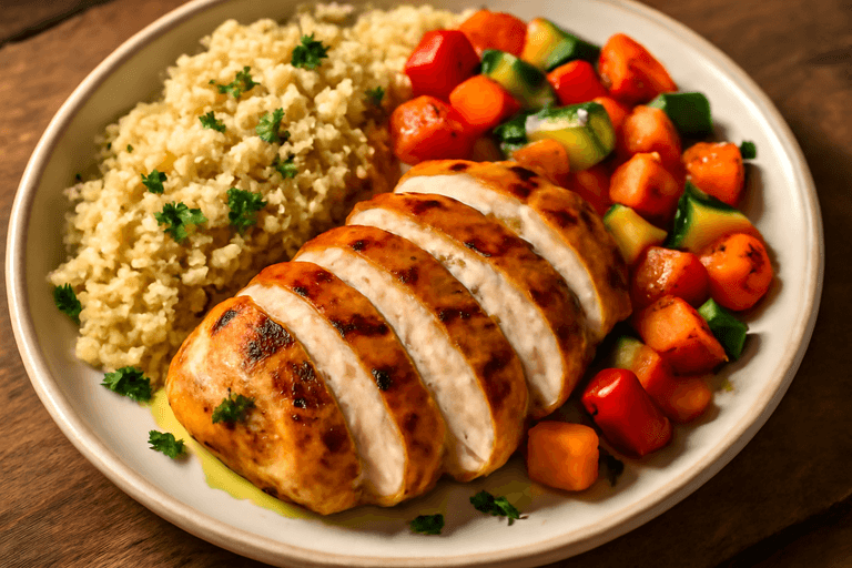 Kipfilet met geroosterde groenten en quinoa