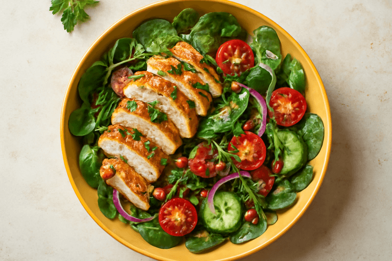Fräsch kycklingsallad med rostade grönsaker