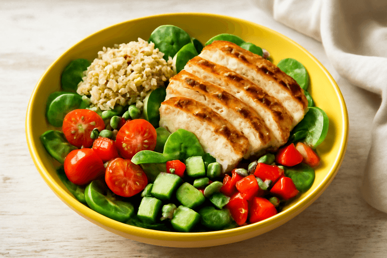 Salată clasică de pui la grătar cu quinoa și legume proaspete