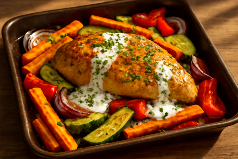 Saftig kycklingfilé med rostade grönsaker och örtig yoghurtsås