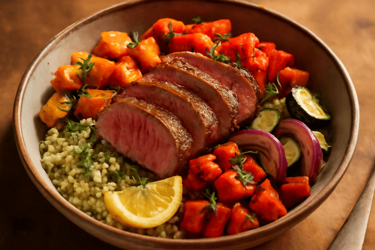 Kräftige Rinderfilet-Bowl mit Quinoa und Ofengemüse