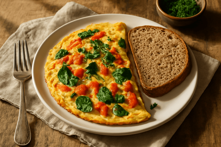 Herzhaftes Gemüse-Omelett mit Vollkornbrot