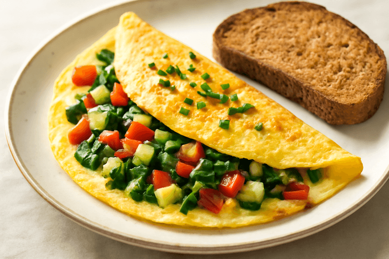Omelette aux légumes croquants et pain complet